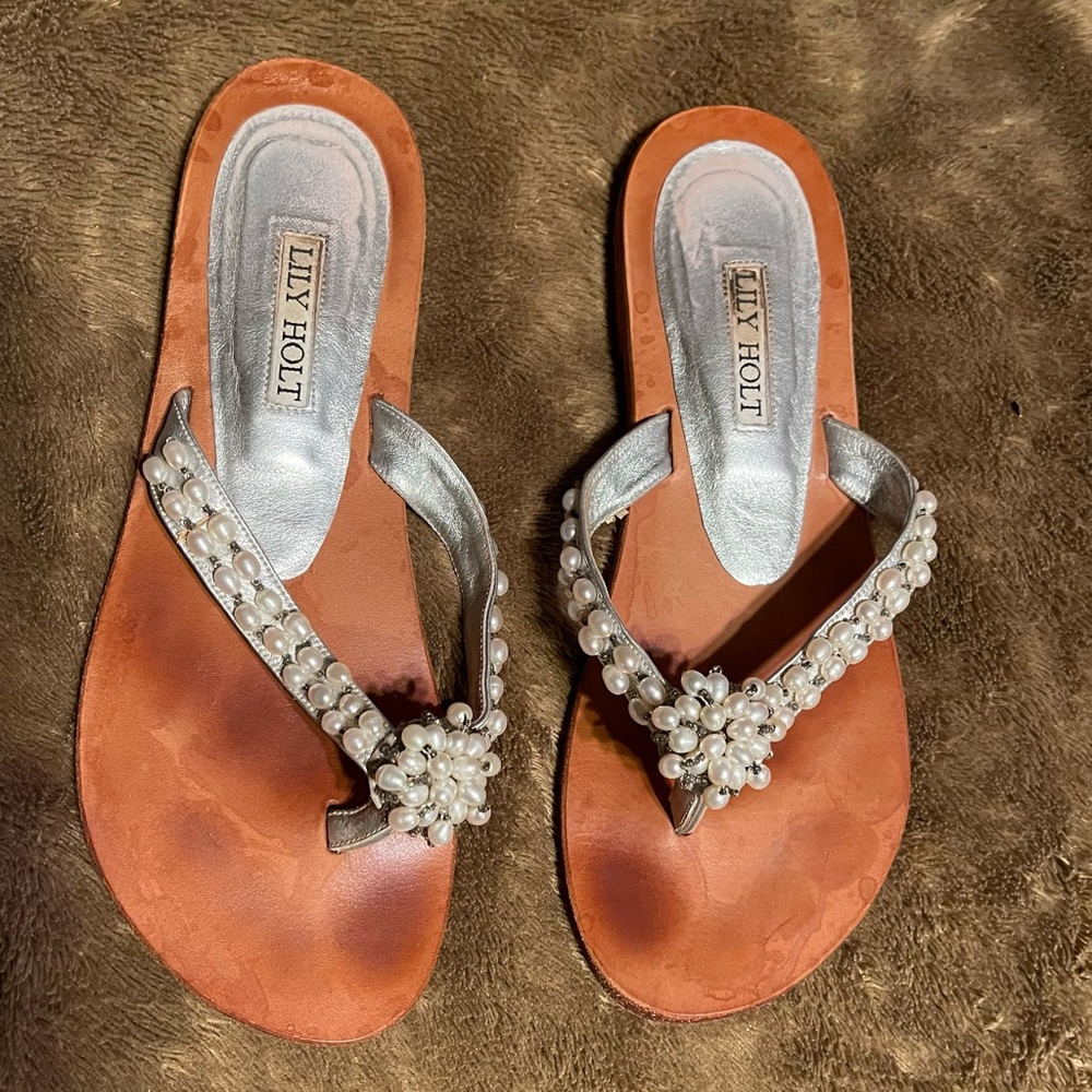 Lily Holt Silver, Leather & Pearls Sandals Sz 37